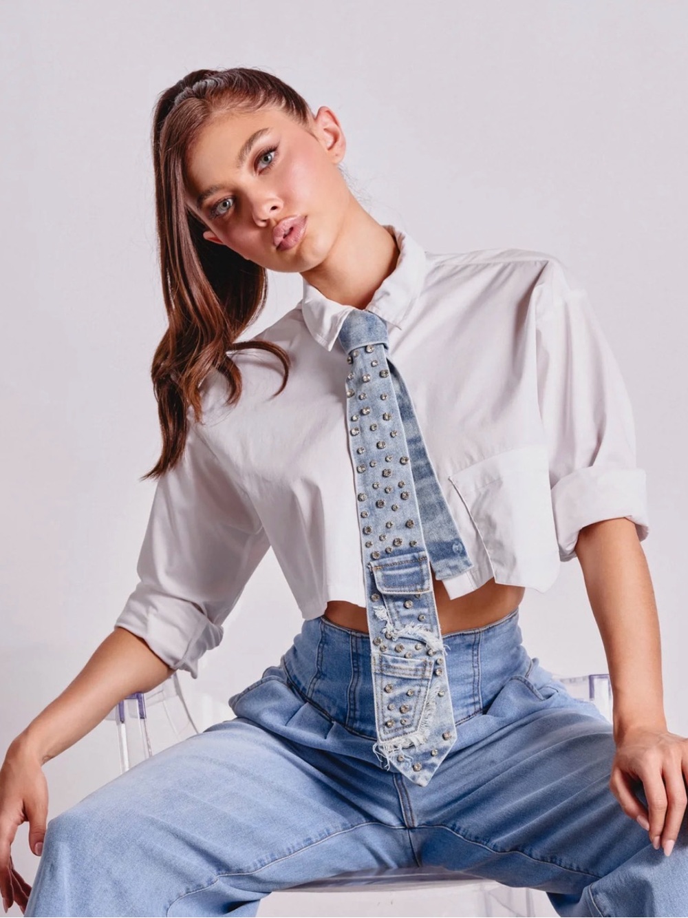 Denim Studded Embellished Tie